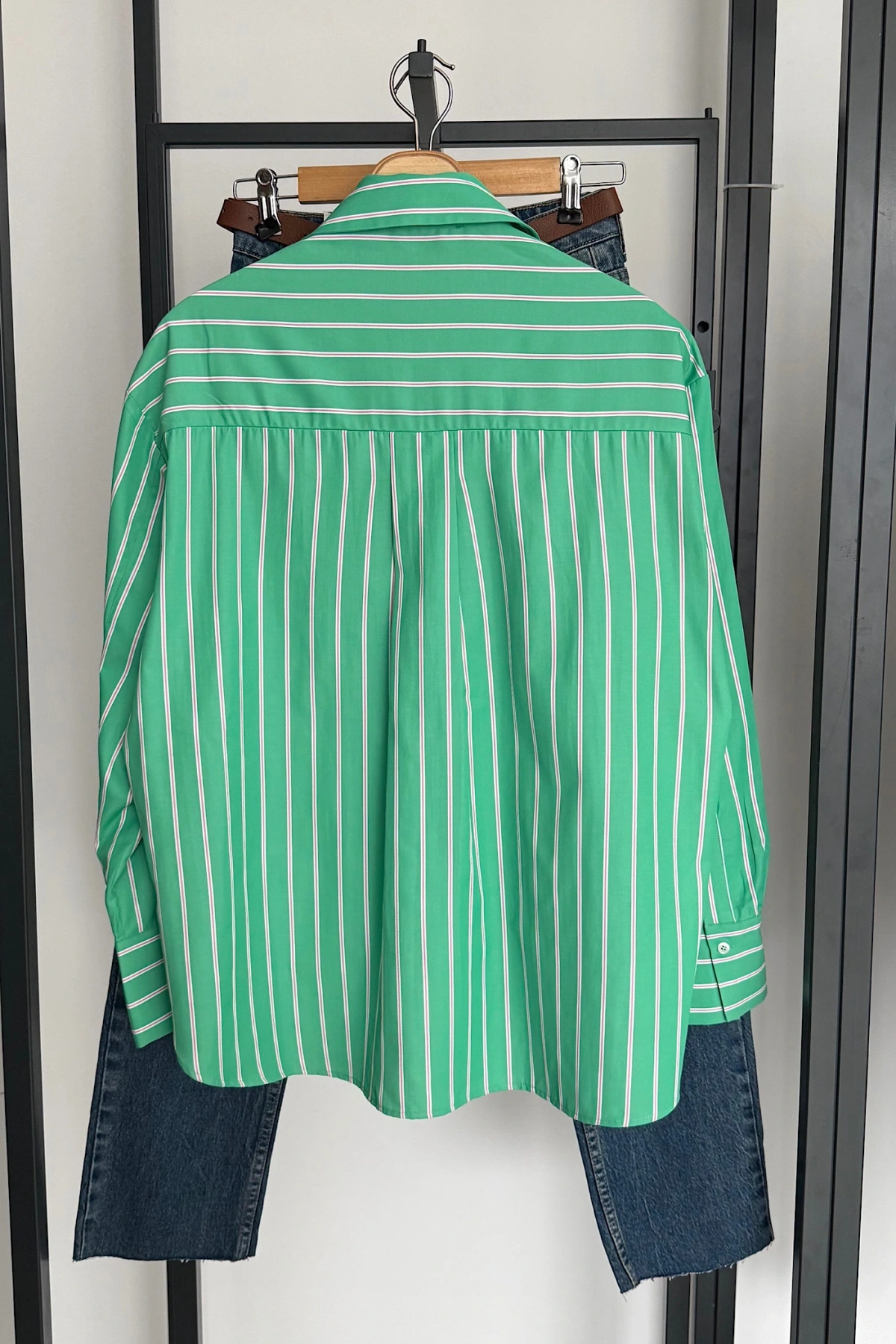Çizgili Poplin Gömlek Yeşil