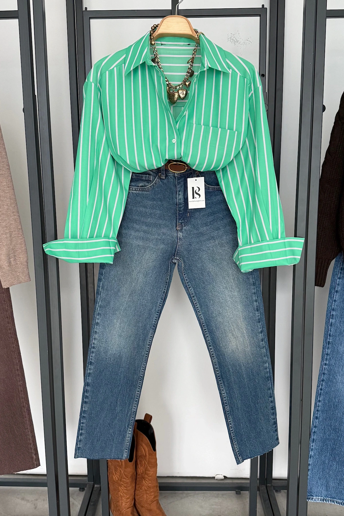 Çizgili Poplin Gömlek Yeşil