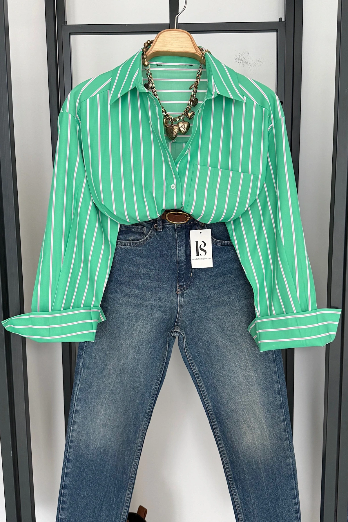 Çizgili Poplin Gömlek Yeşil