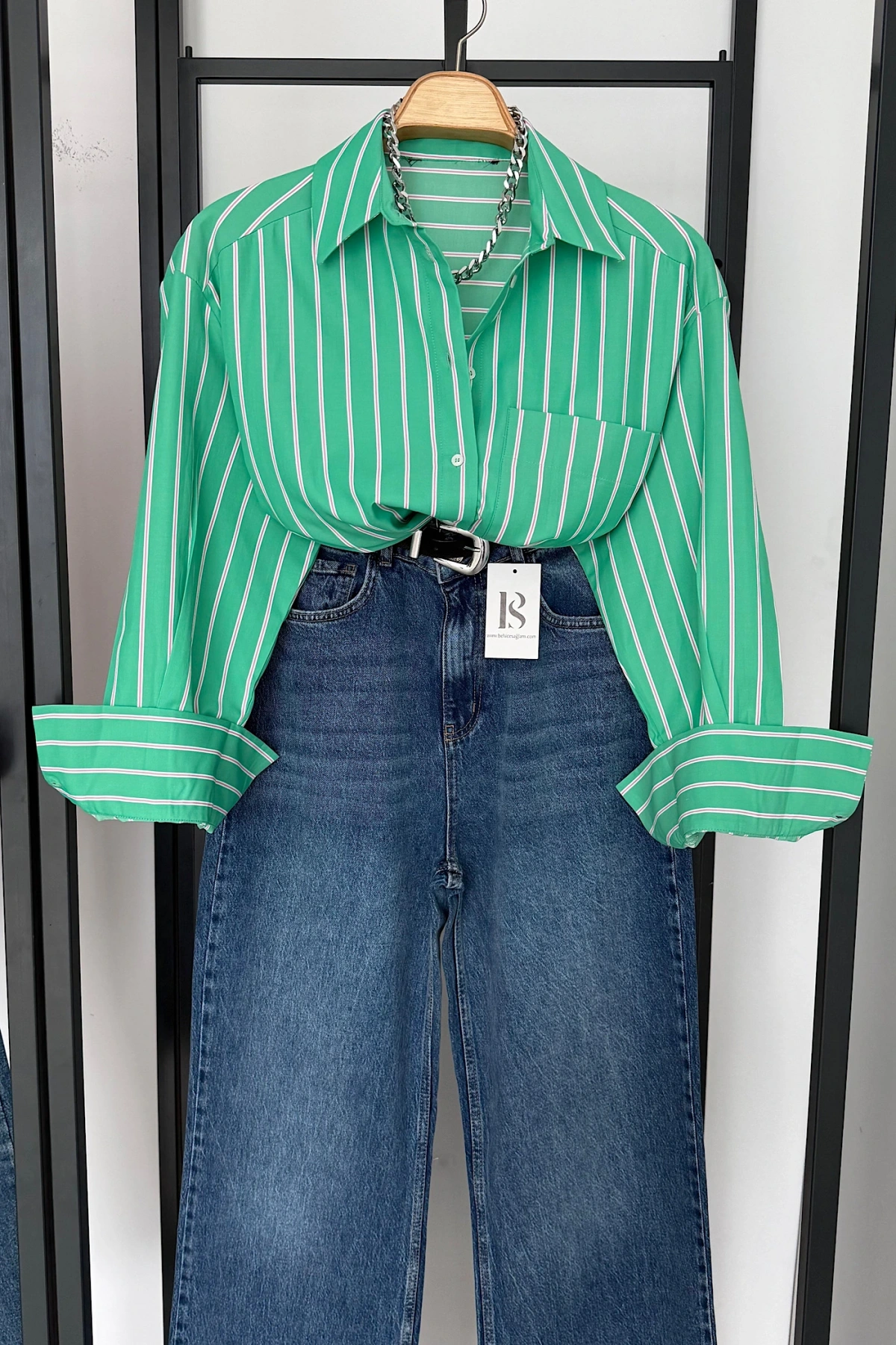 Çizgili Poplin Gömlek Yeşil