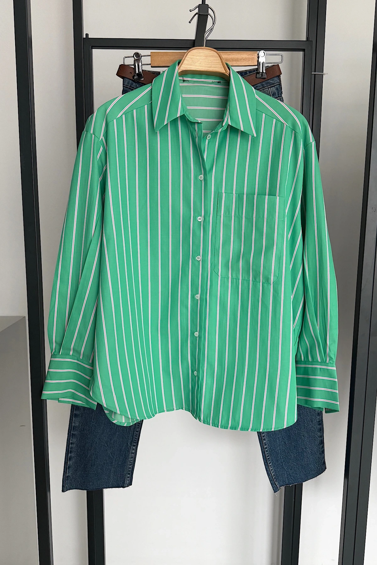 Çizgili Poplin Gömlek Yeşil