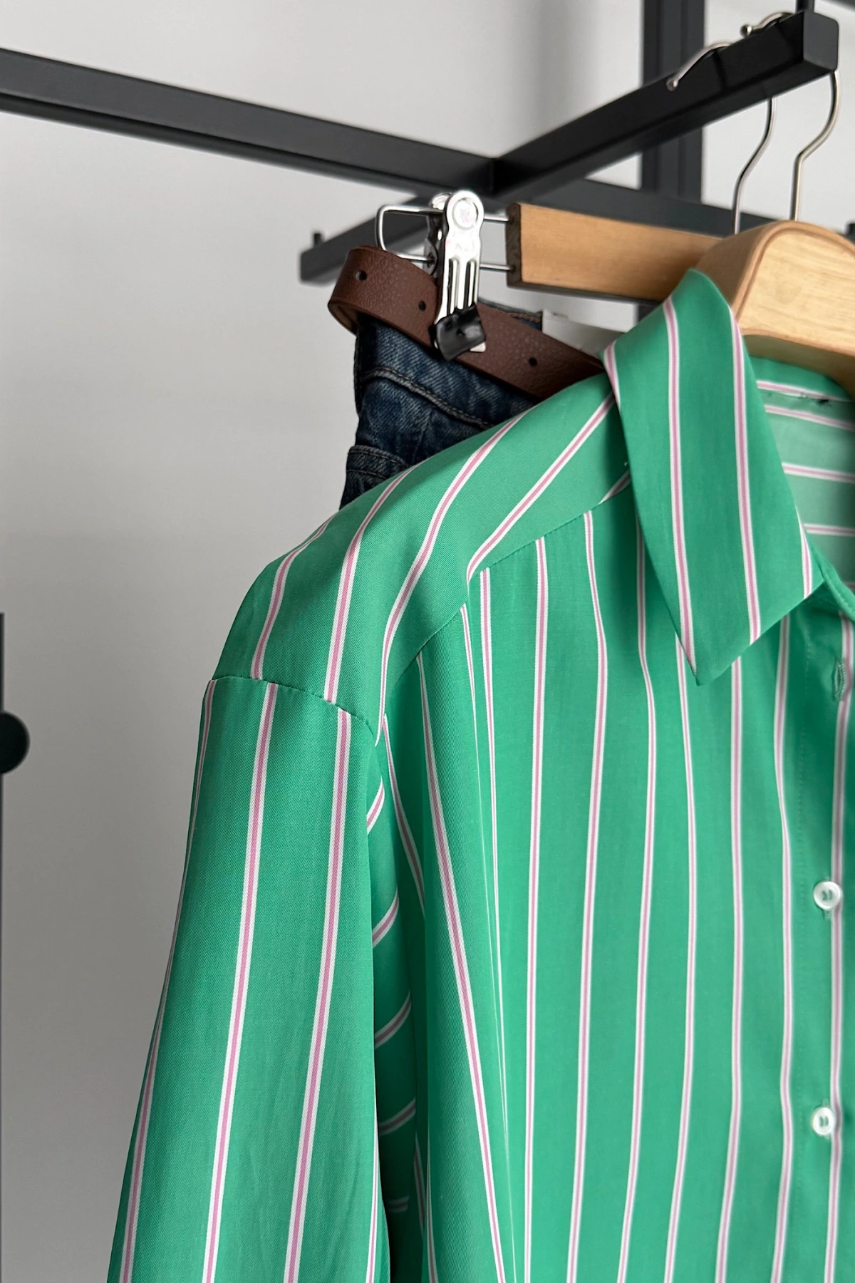 Çizgili Poplin Gömlek Yeşil