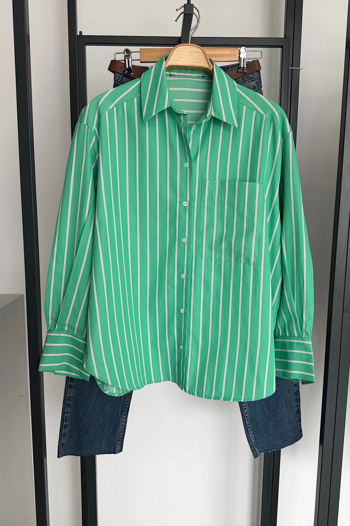 Çizgili Poplin Gömlek Yeşil