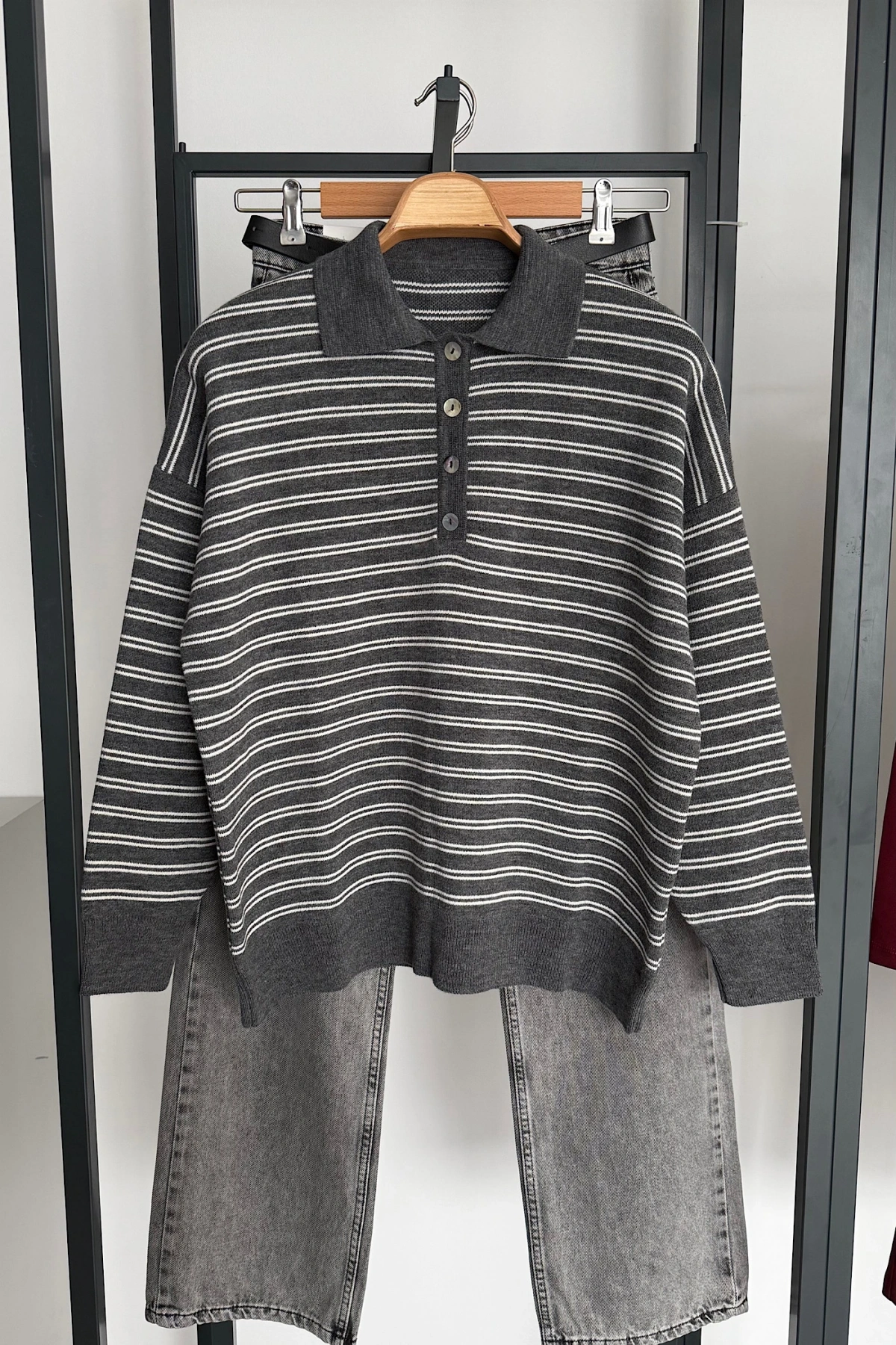 Çizgili Triko Kazak Antrasit-Krem