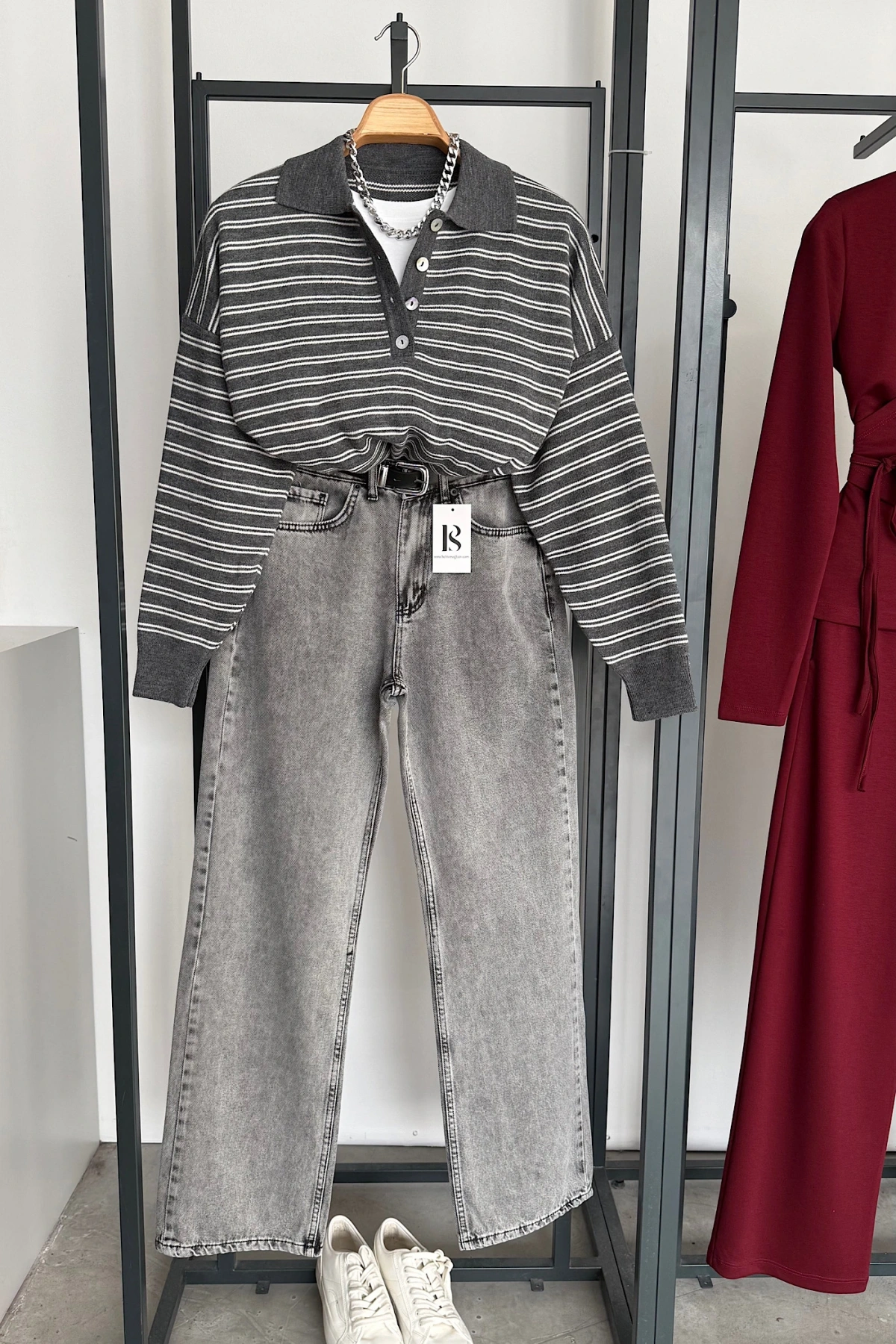 Çizgili Triko Kazak Antrasit-Krem