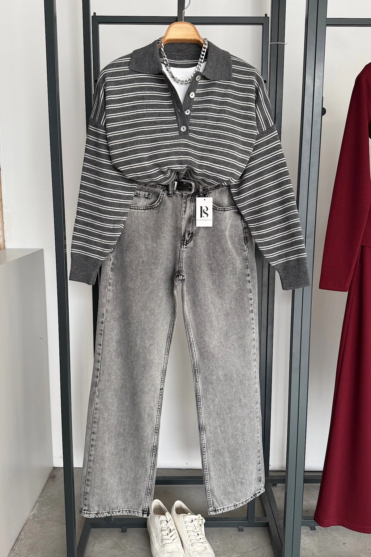 Çizgili Triko Kazak Antrasit-Krem