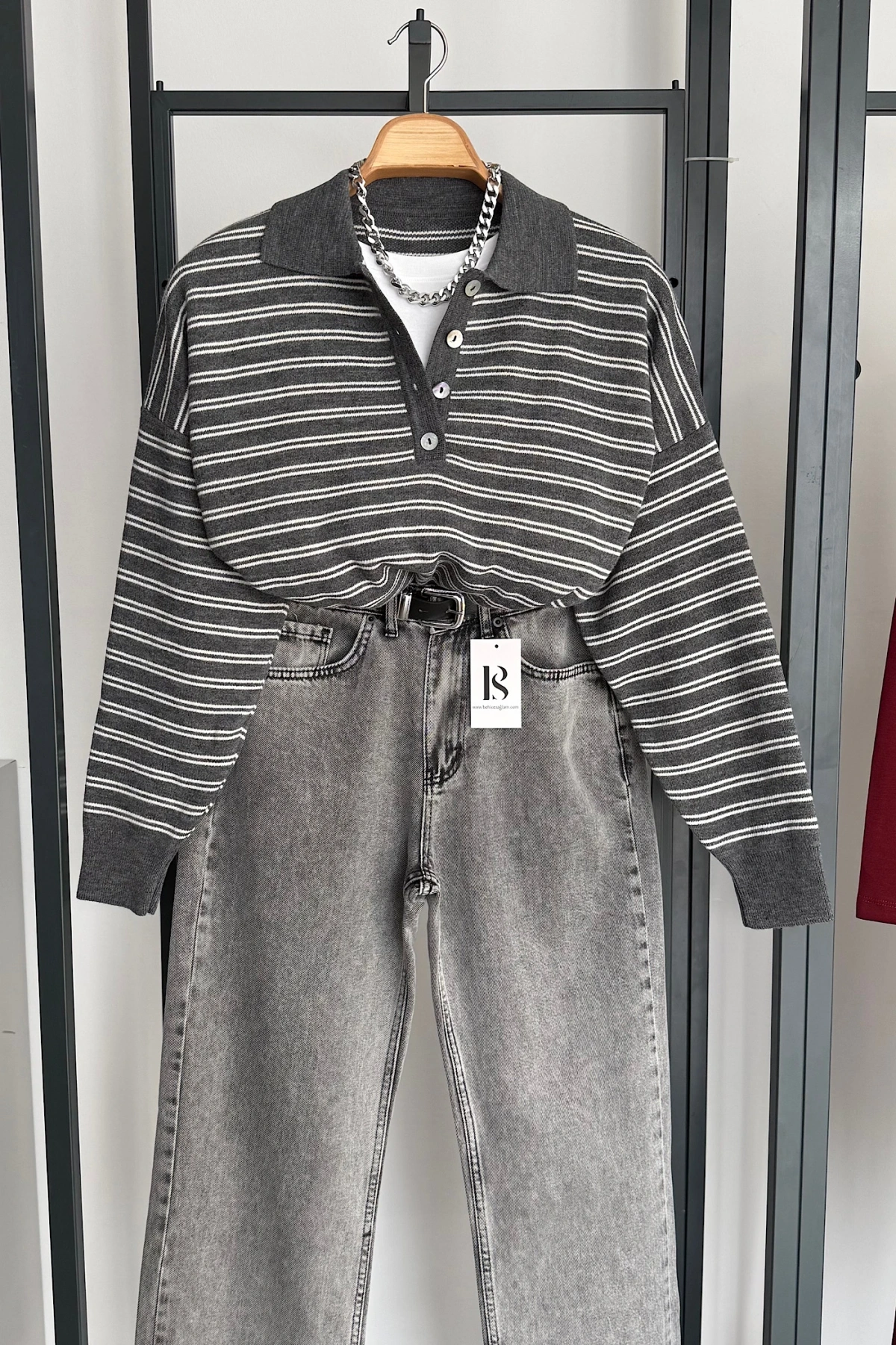 Çizgili Triko Kazak Antrasit-Krem