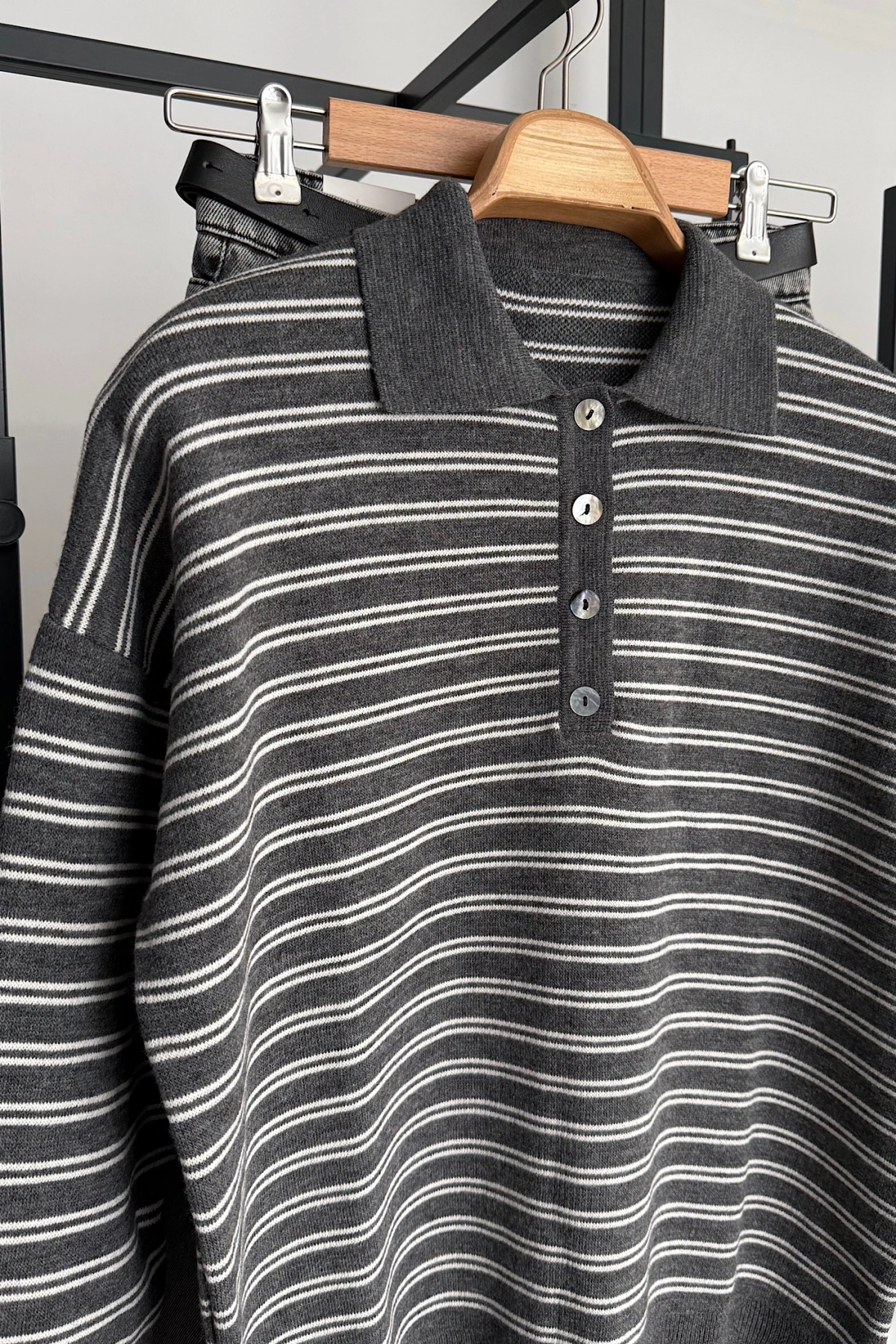 Çizgili Triko Kazak Antrasit-Krem