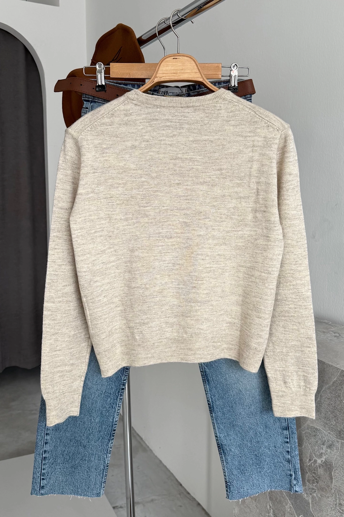 Crew Neck Plain Sweater Bej