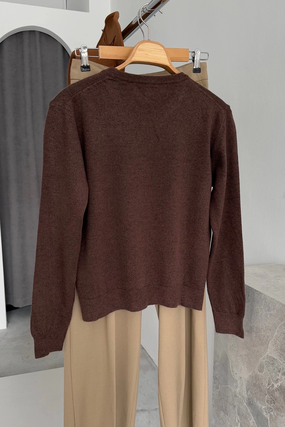 Crew Neck Plain Sweater Kahverengi