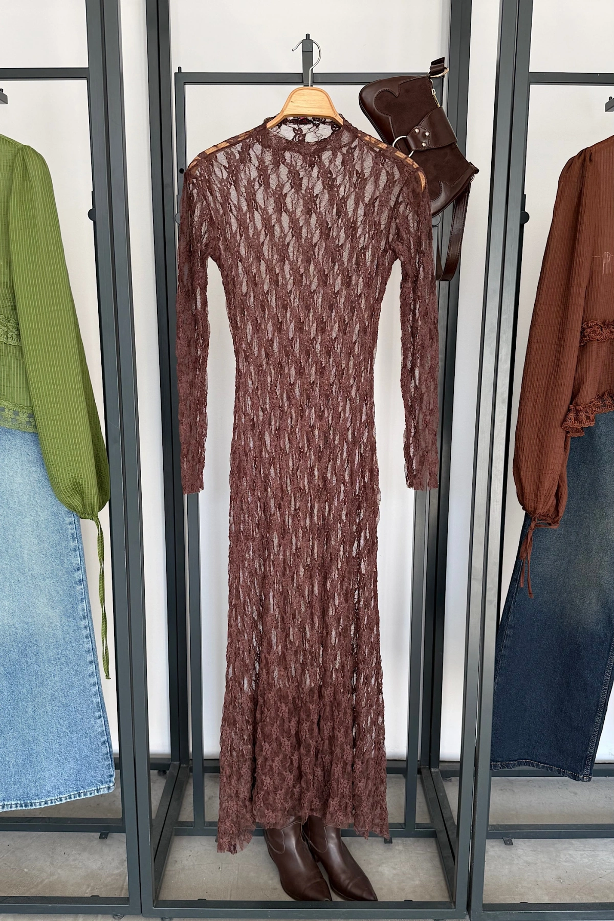 Dantel Maxi Elbise Kahverengi