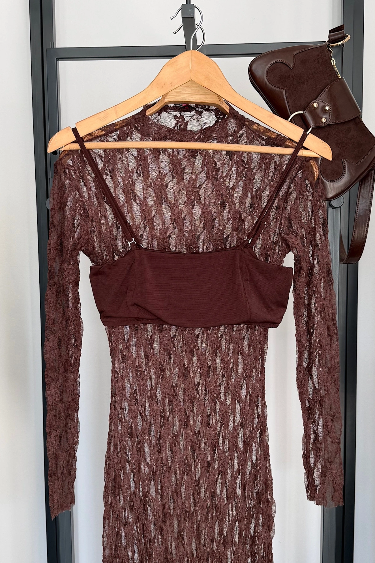 Dantel Maxi Elbise Kahverengi