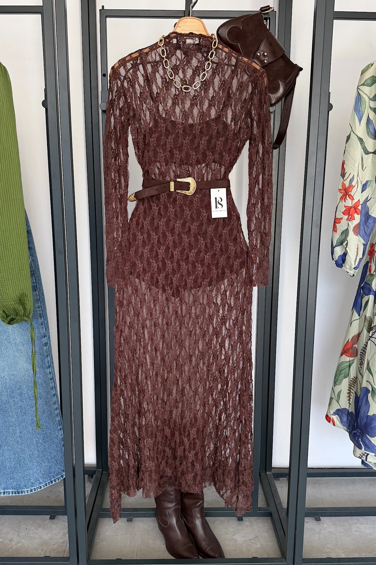 Dantel Maxi Elbise Kahverengi