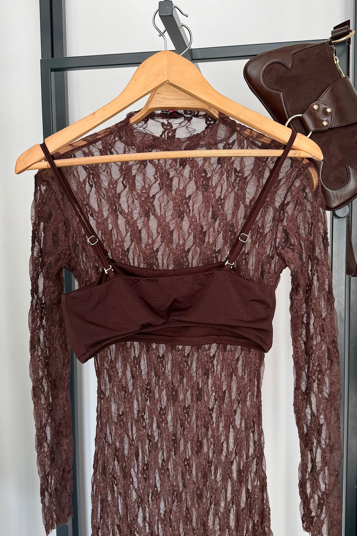 Dantel Maxi Elbise Kahverengi