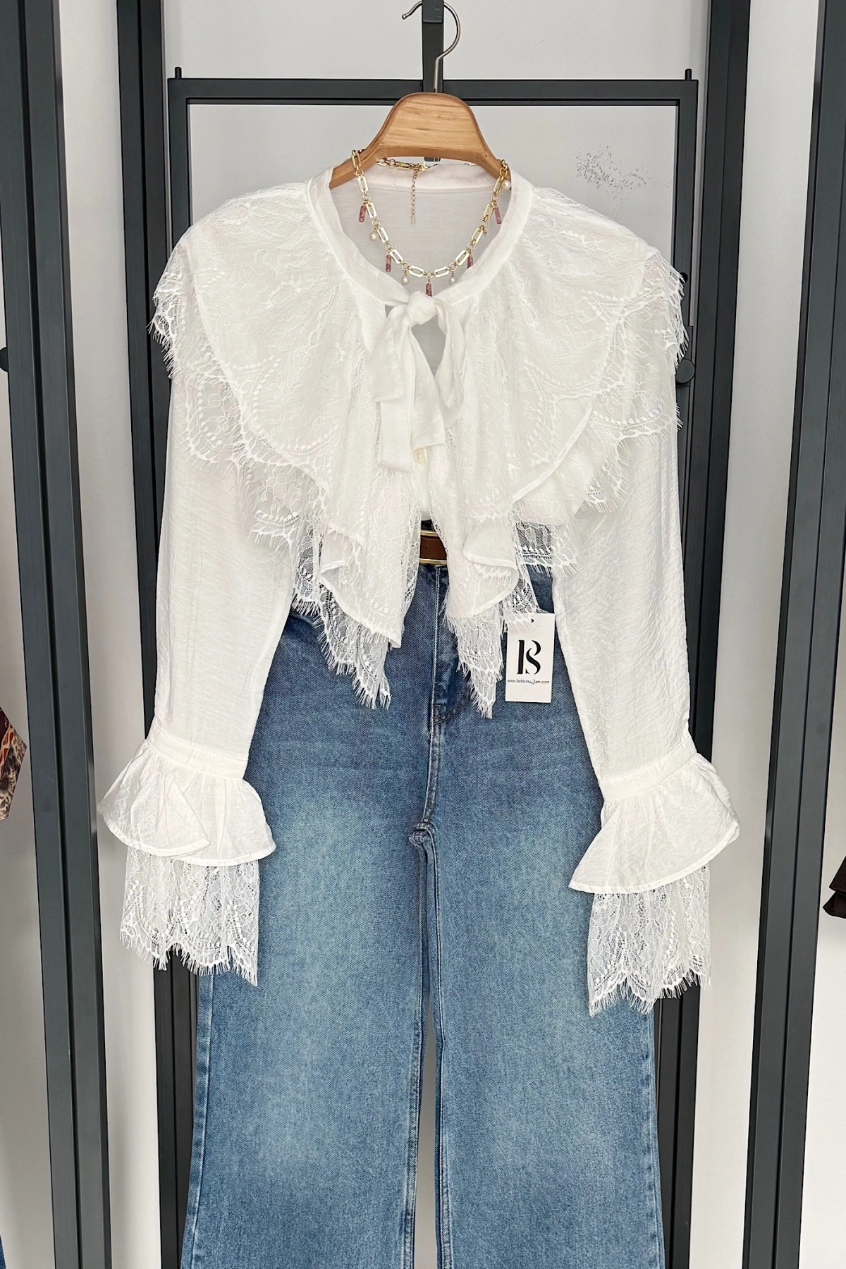 Dantelli Fransız Gömlek Beyaz