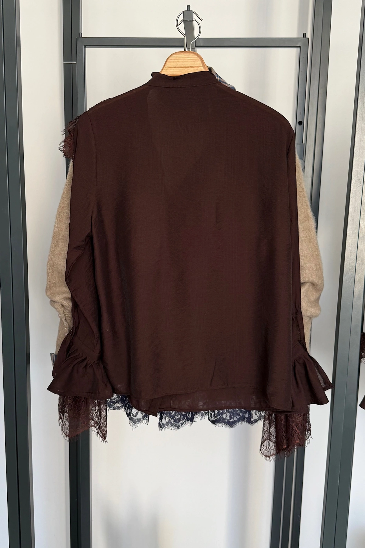 Dantelli Fransız Gömlek Kahverengi