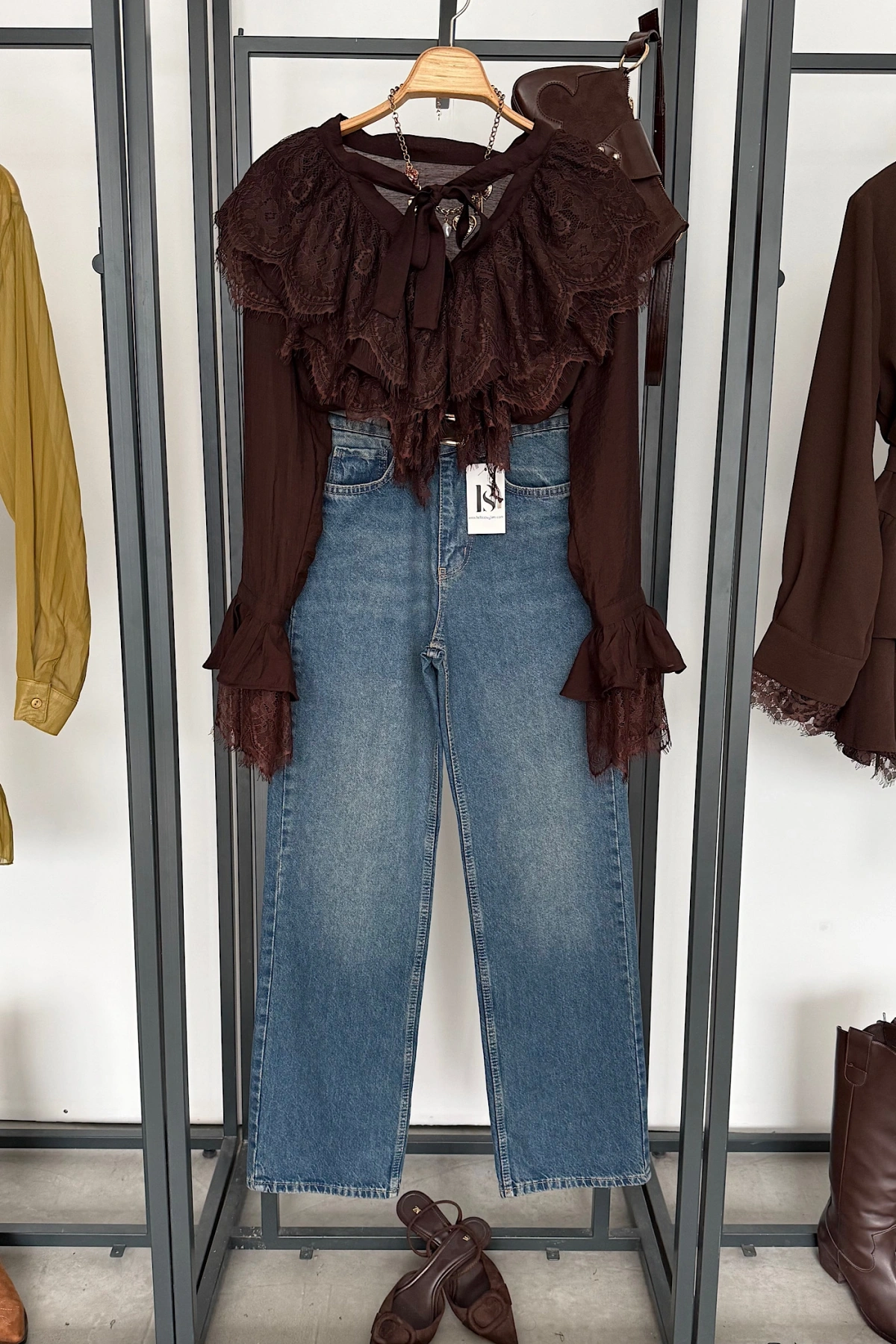 Dantelli Fransız Gömlek Kahverengi