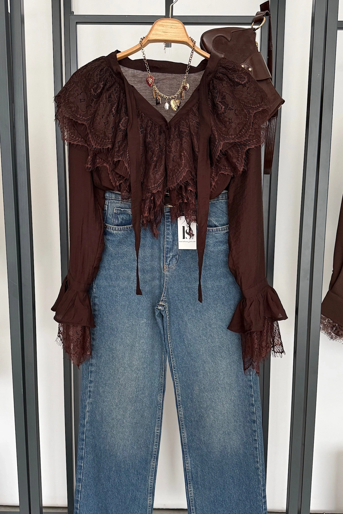 Dantelli Fransız Gömlek Kahverengi