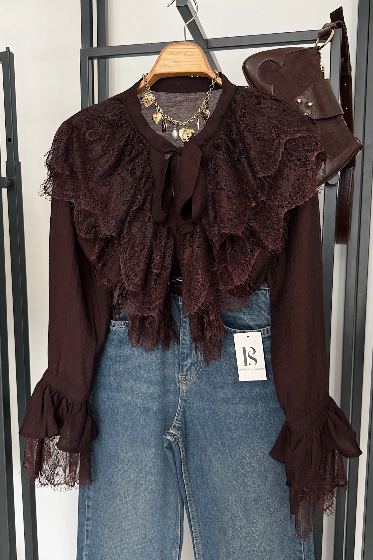 Dantelli Fransız Gömlek Kahverengi