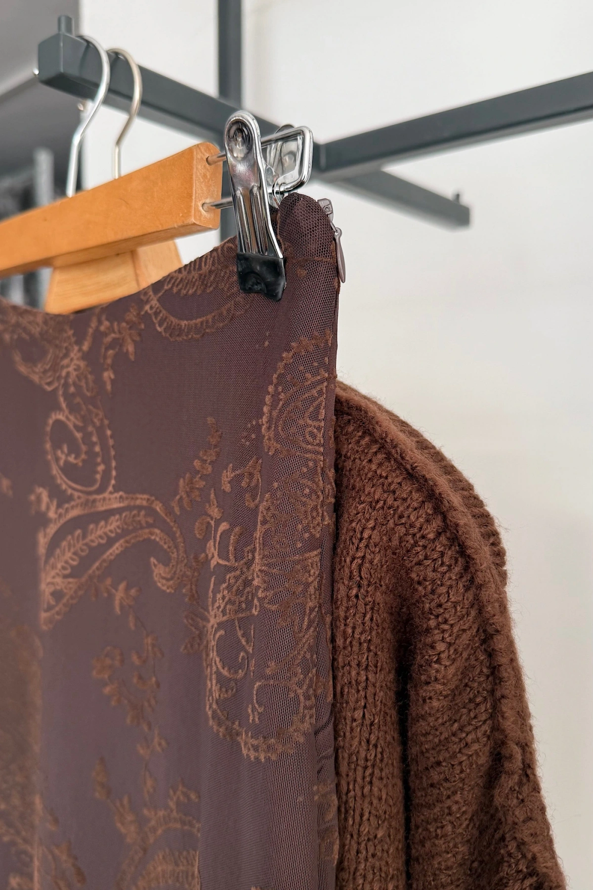 Desenli Beli Lastikli Etek Kahverengi