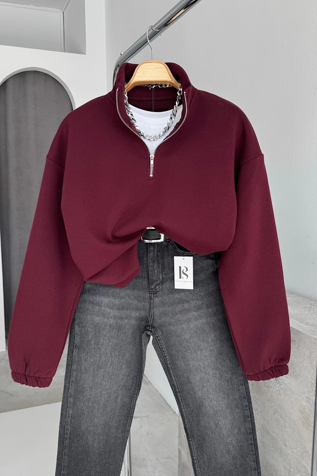 Dik Yaka Fermuarlı Body Sweat Bordo