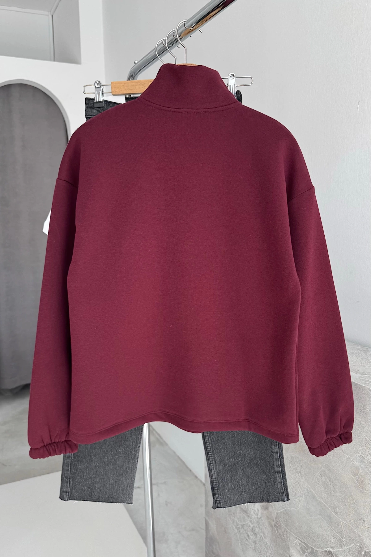 Dik Yaka Fermuarlı Body Sweat Bordo