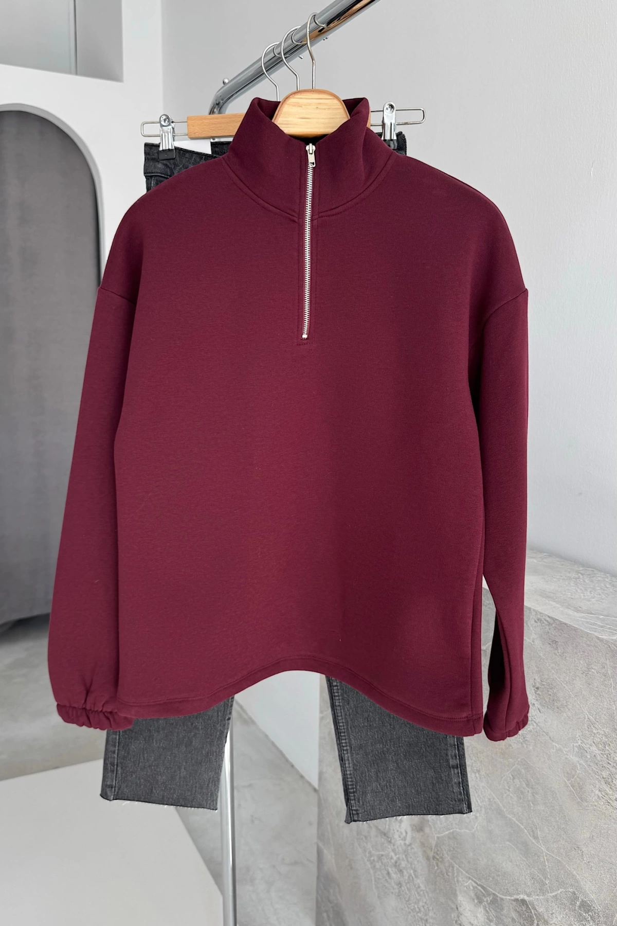 Dik Yaka Fermuarlı Body Sweat Bordo