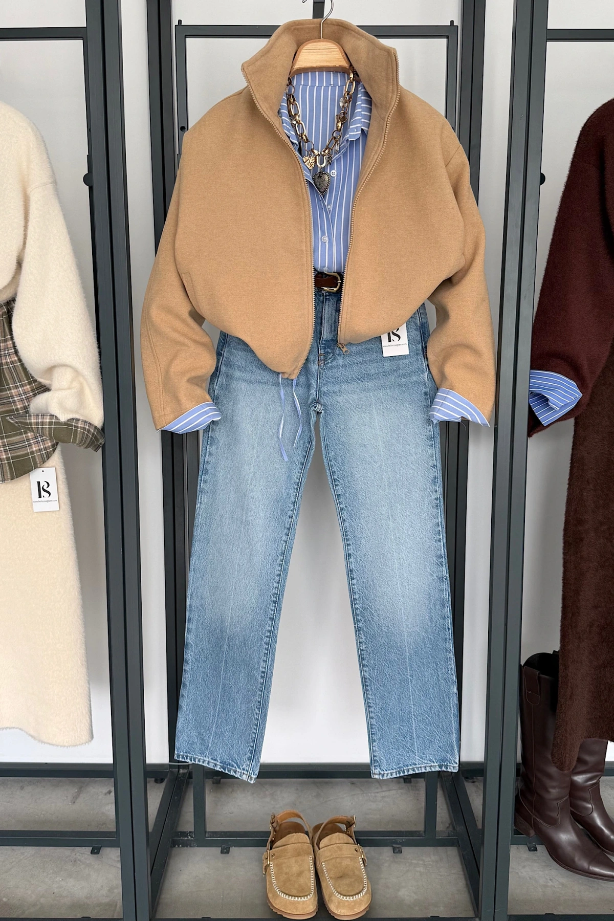 Dik Yaka Kaşe Bomber Ceket Camel
