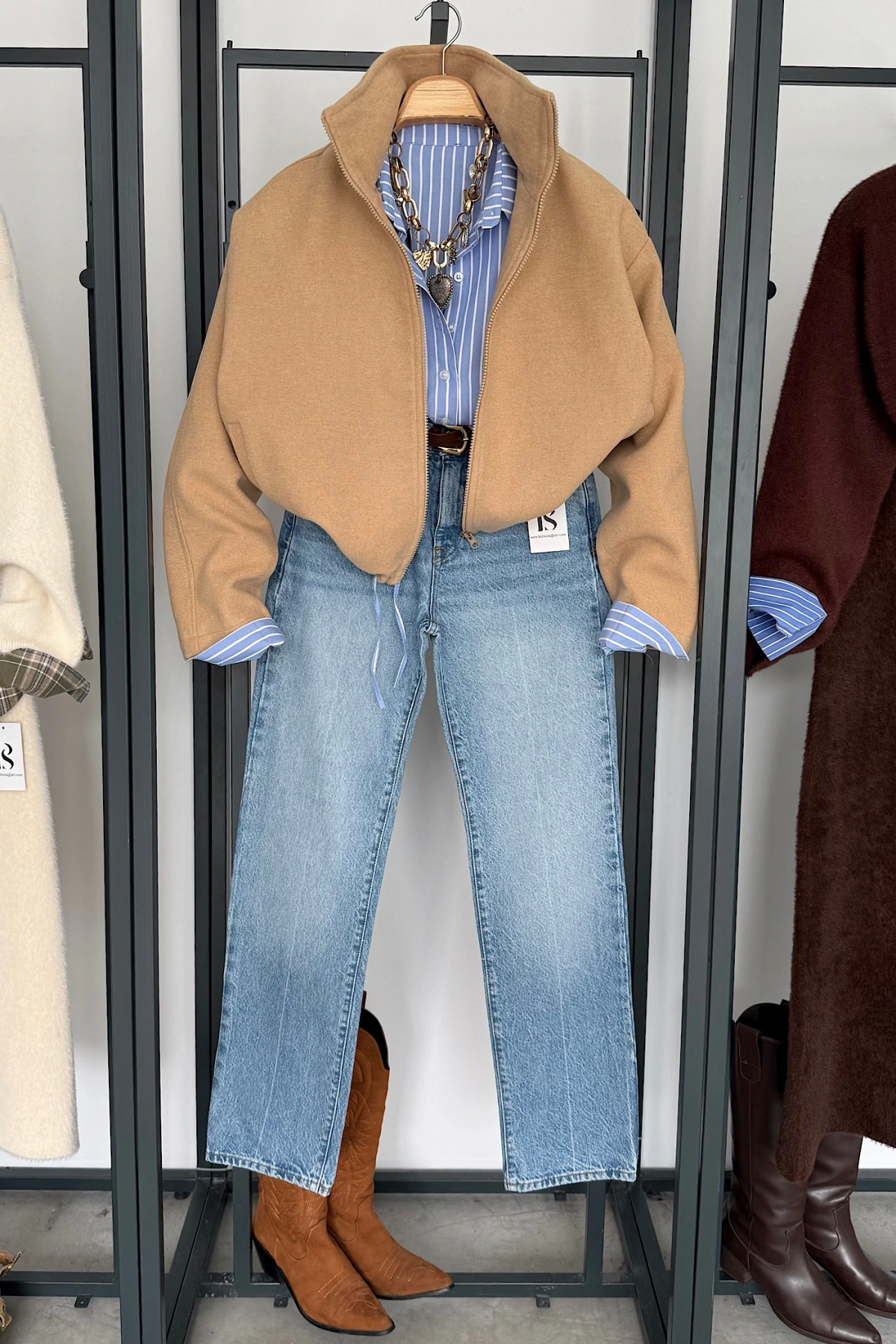 Dik Yaka Kaşe Bomber Ceket Camel