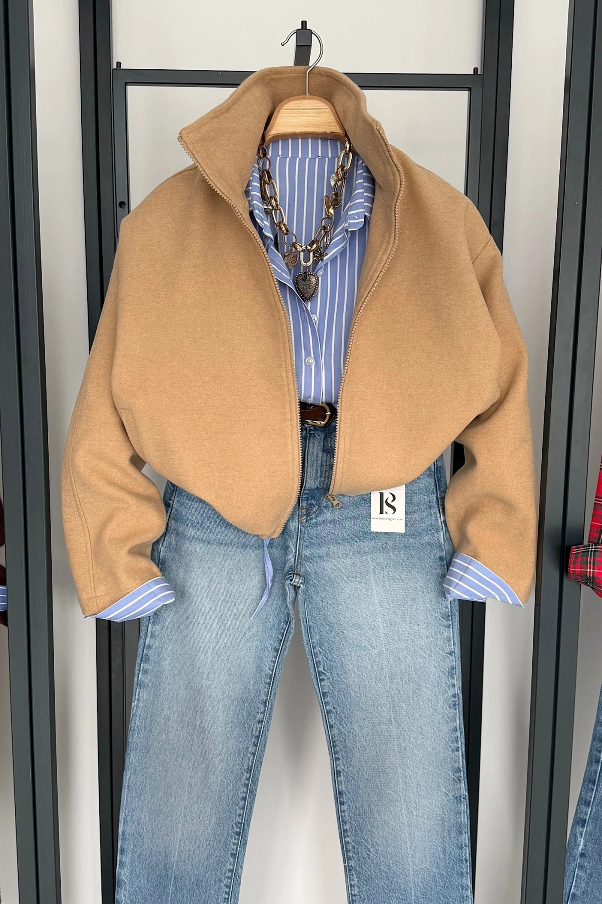 Dik Yaka Kaşe Bomber Ceket Camel