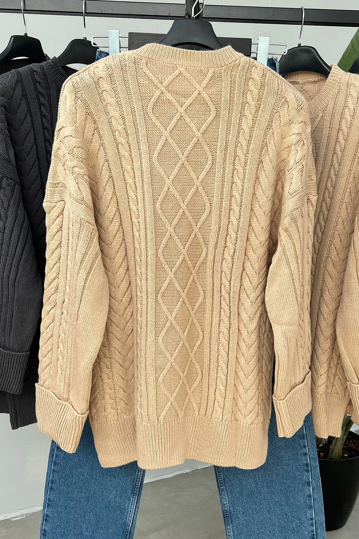 Duble Kol Saç Örgü Kazak Camel