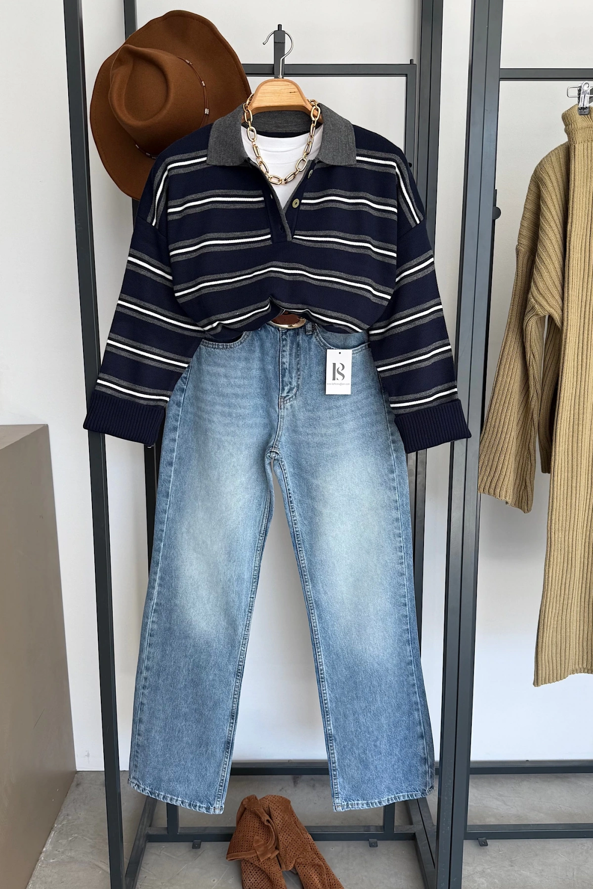 Düğmeli Polo Yaka Kazak Lacivert-Antrasit