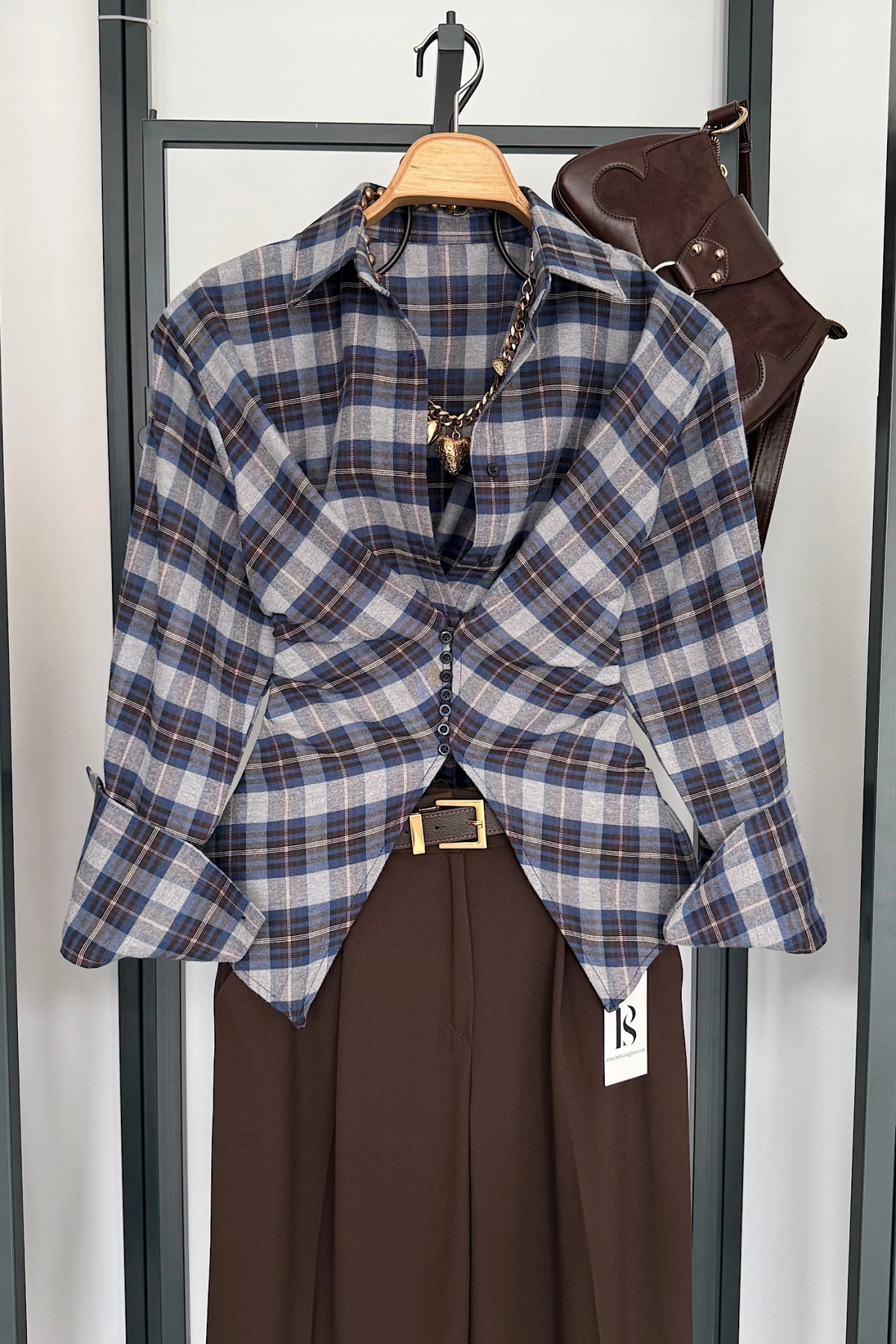 Ekose Desen Düğme Detaylı Gömlek Gri-Lacivert