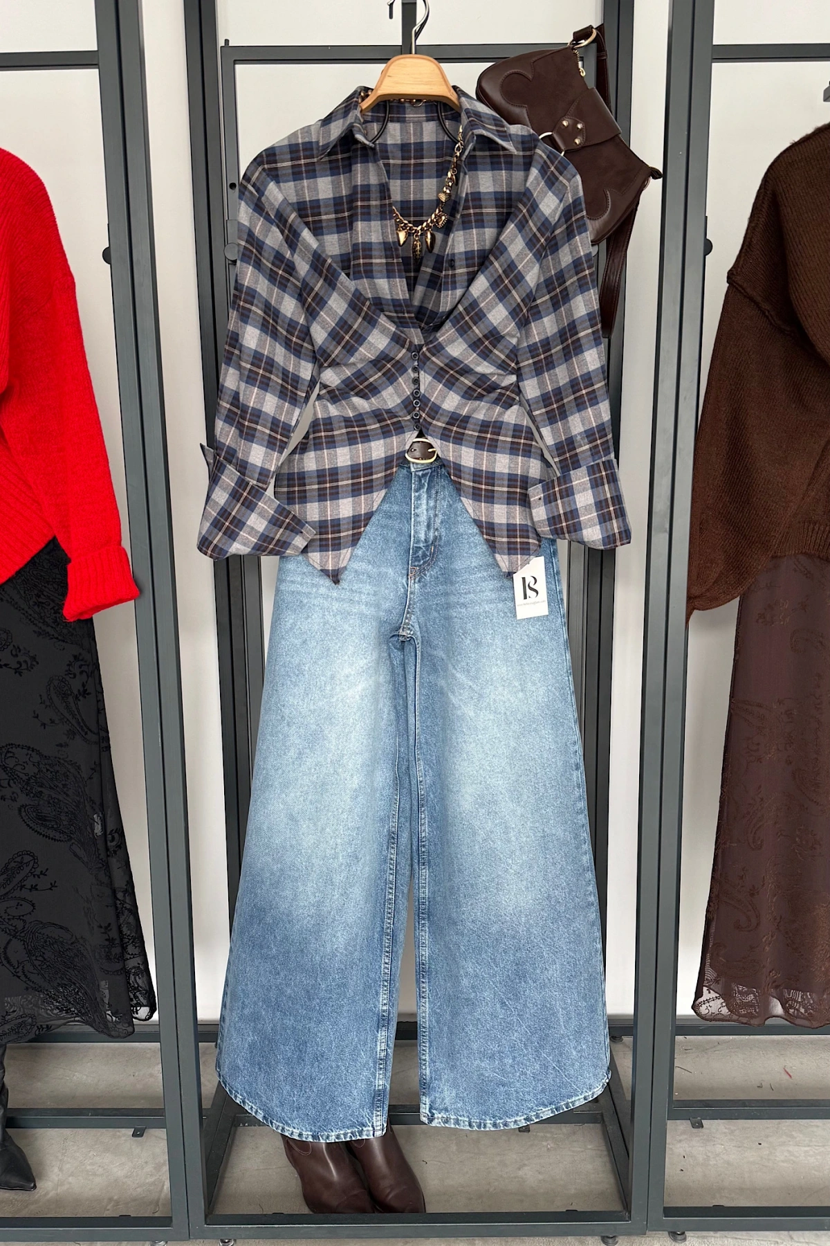 Ekose Desen Düğme Detaylı Gömlek Gri-Lacivert