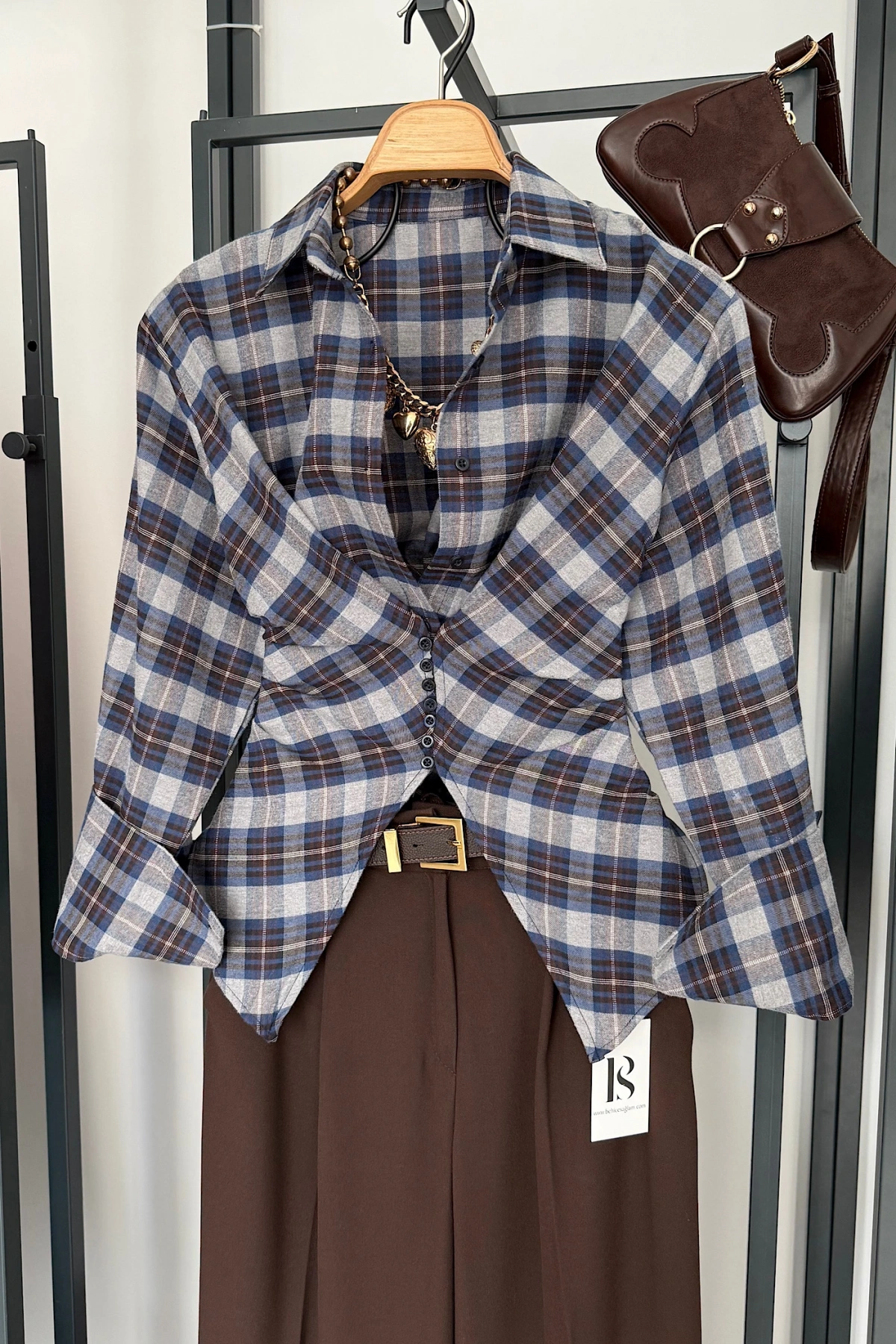 Ekose Desen Düğme Detaylı Gömlek Gri-Lacivert