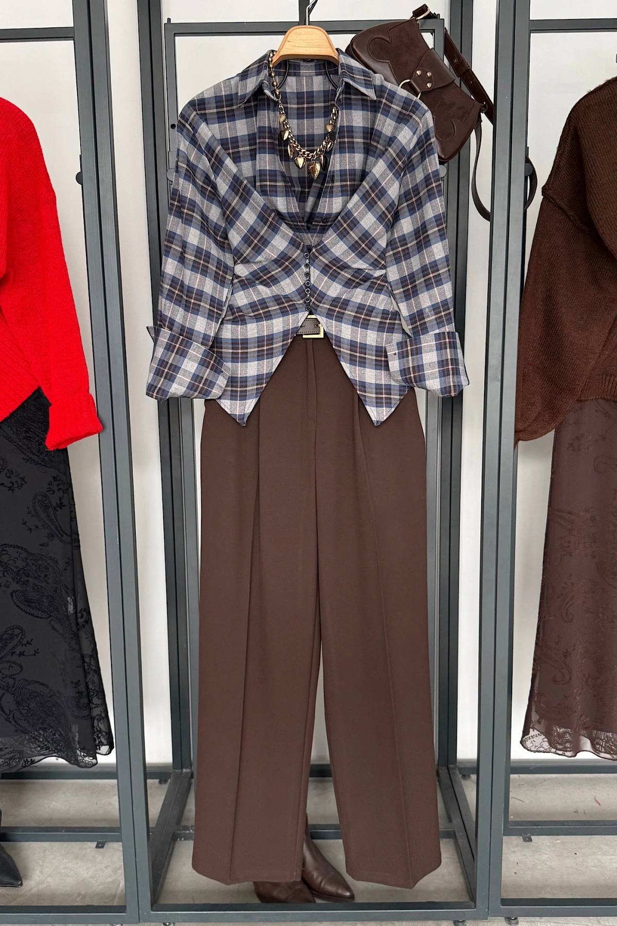 Ekose Desen Düğme Detaylı Gömlek Gri-Lacivert