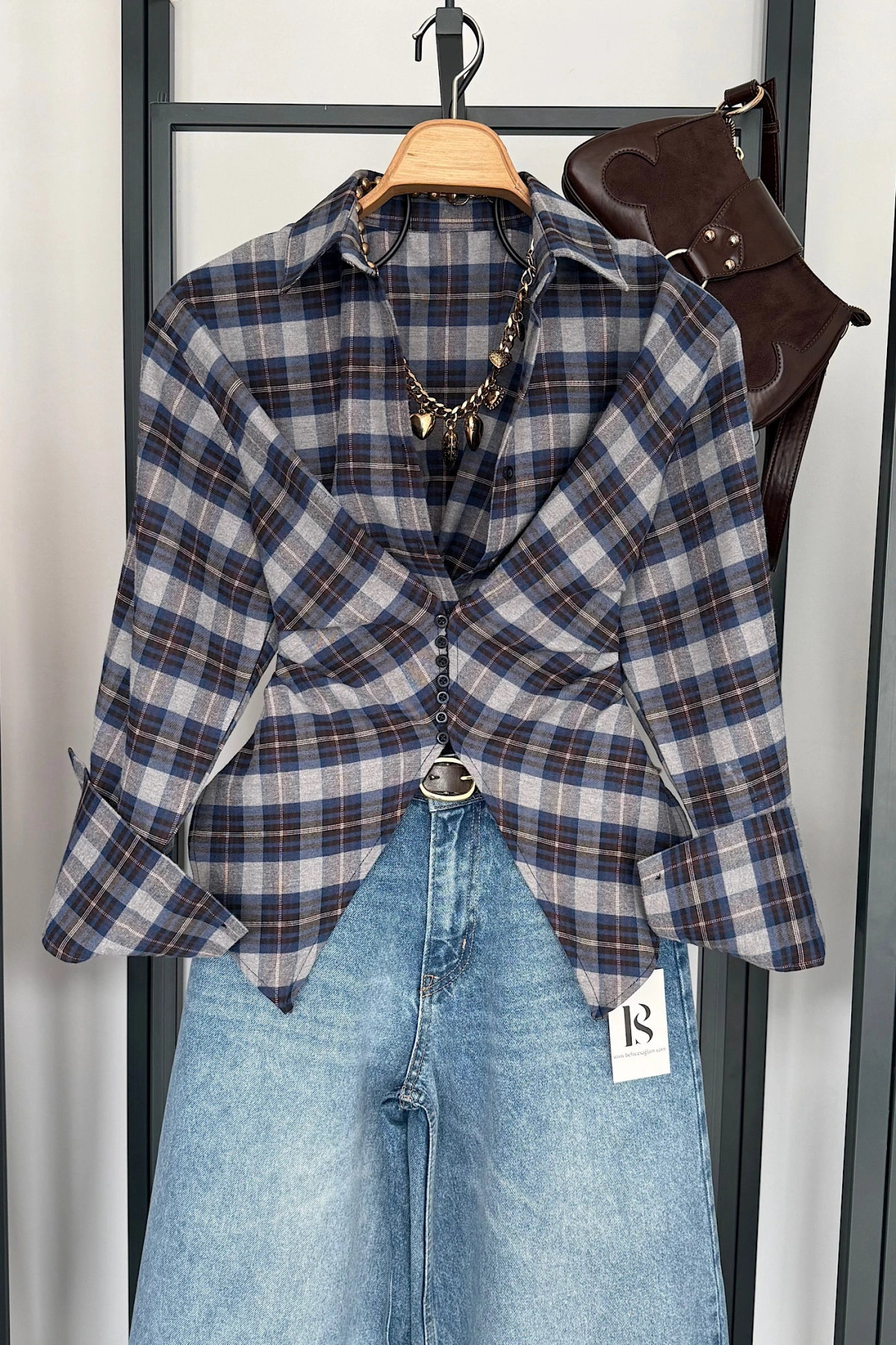 Ekose Desen Düğme Detaylı Gömlek Gri-Lacivert