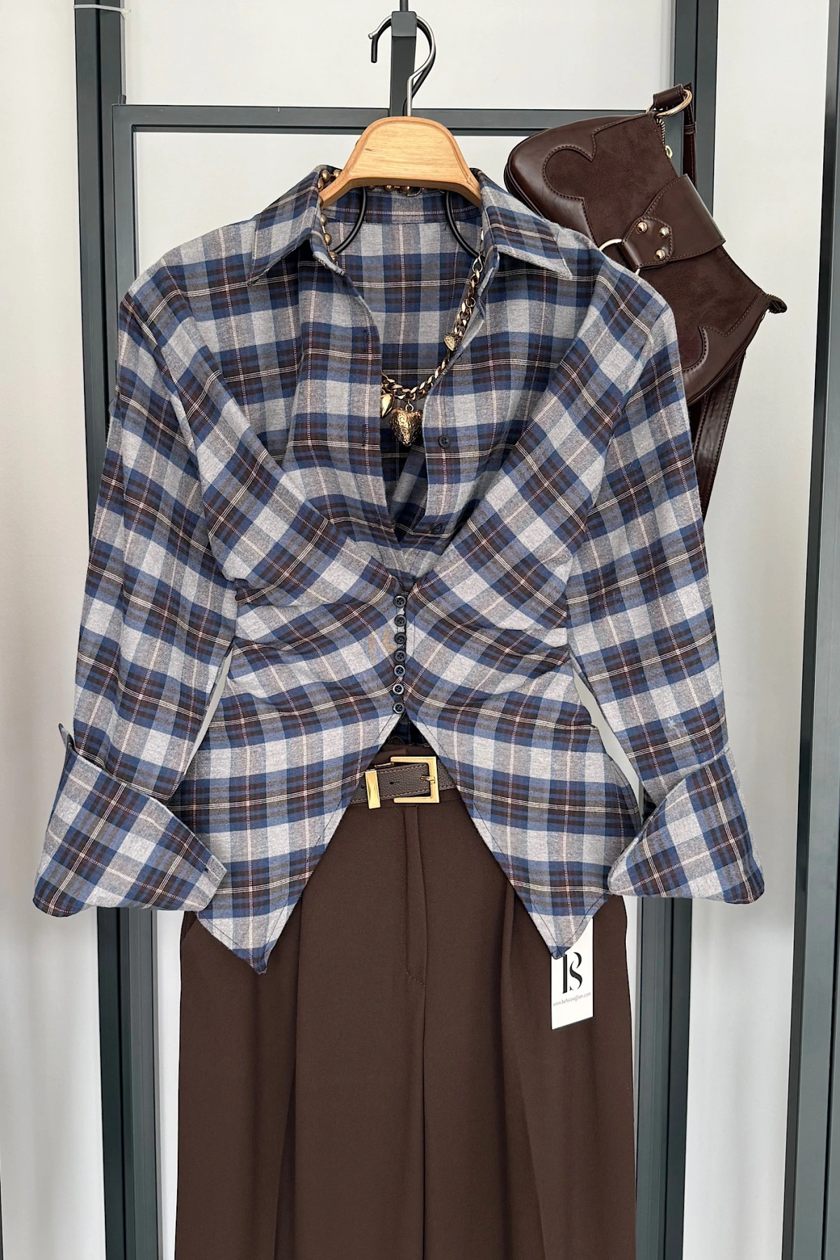 Ekose Desen Düğme Detaylı Gömlek Gri-Lacivert