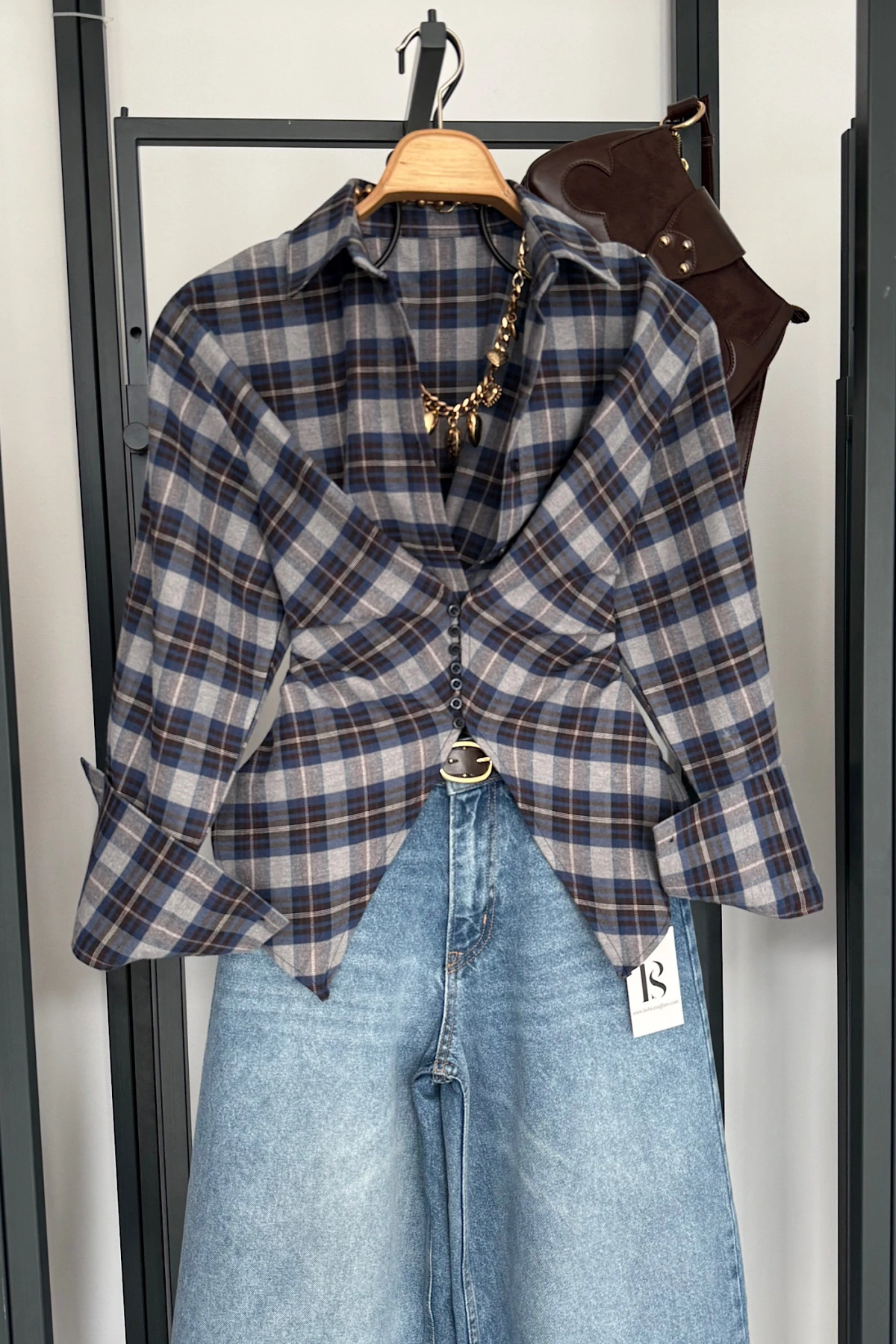 Ekose Desen Düğme Detaylı Gömlek Gri-Lacivert