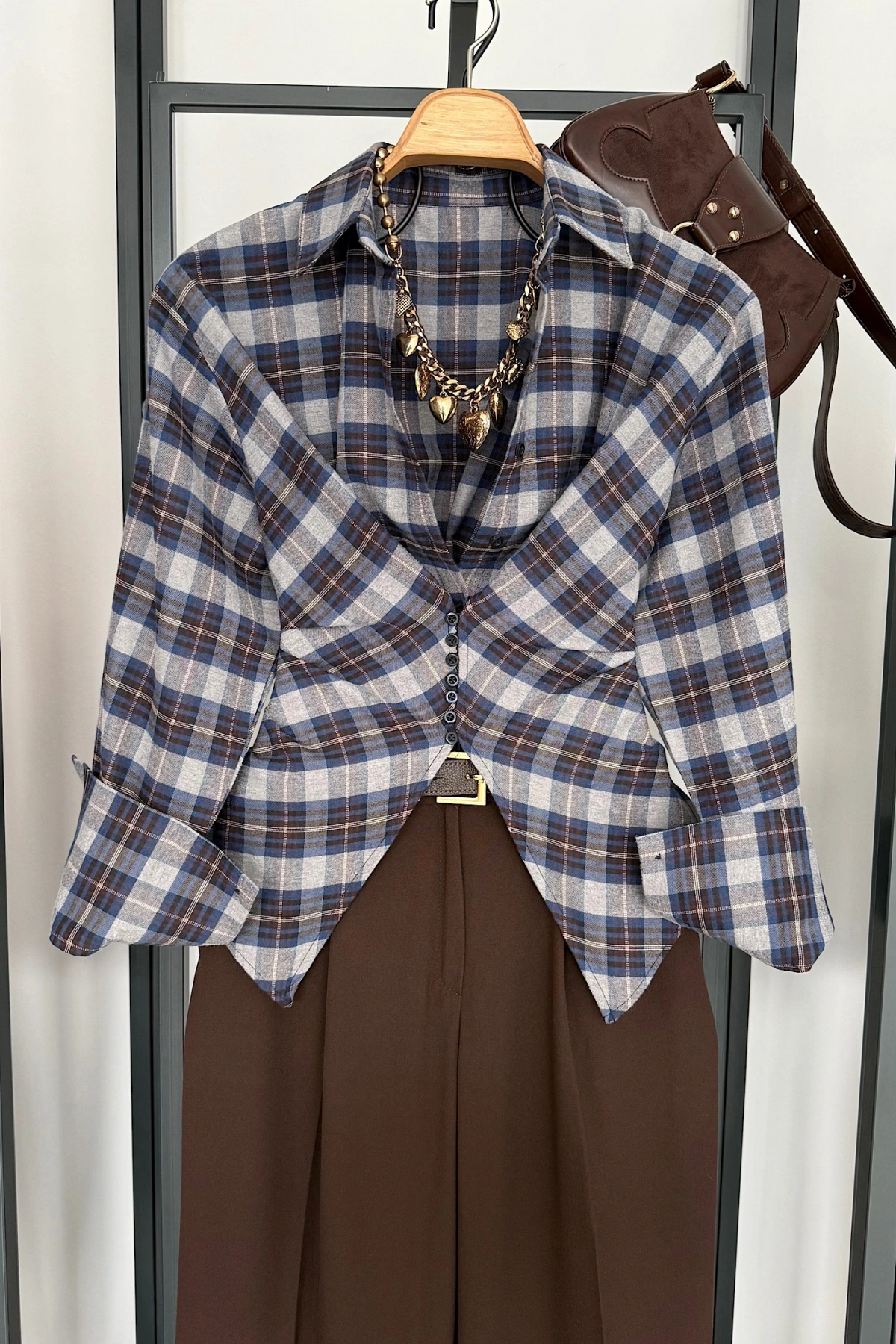 Ekose Desen Düğme Detaylı Gömlek Gri-Lacivert