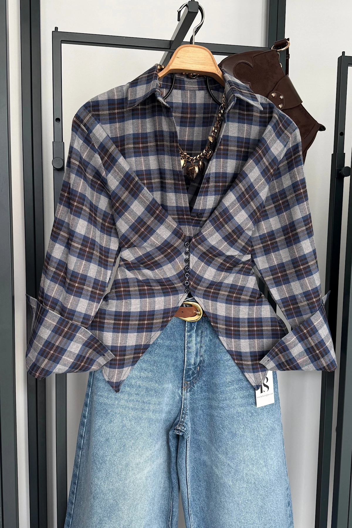 Ekose Desen Düğme Detaylı Gömlek Gri-Lacivert