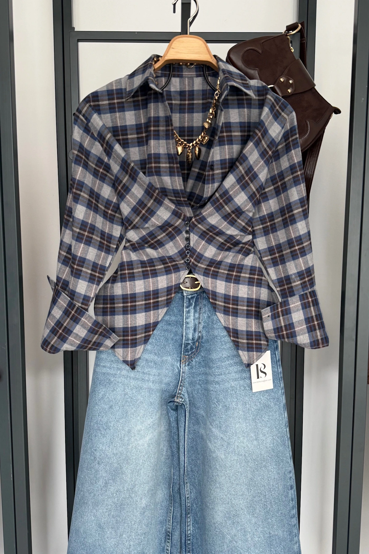 Ekose Desen Düğme Detaylı Gömlek Gri-Lacivert