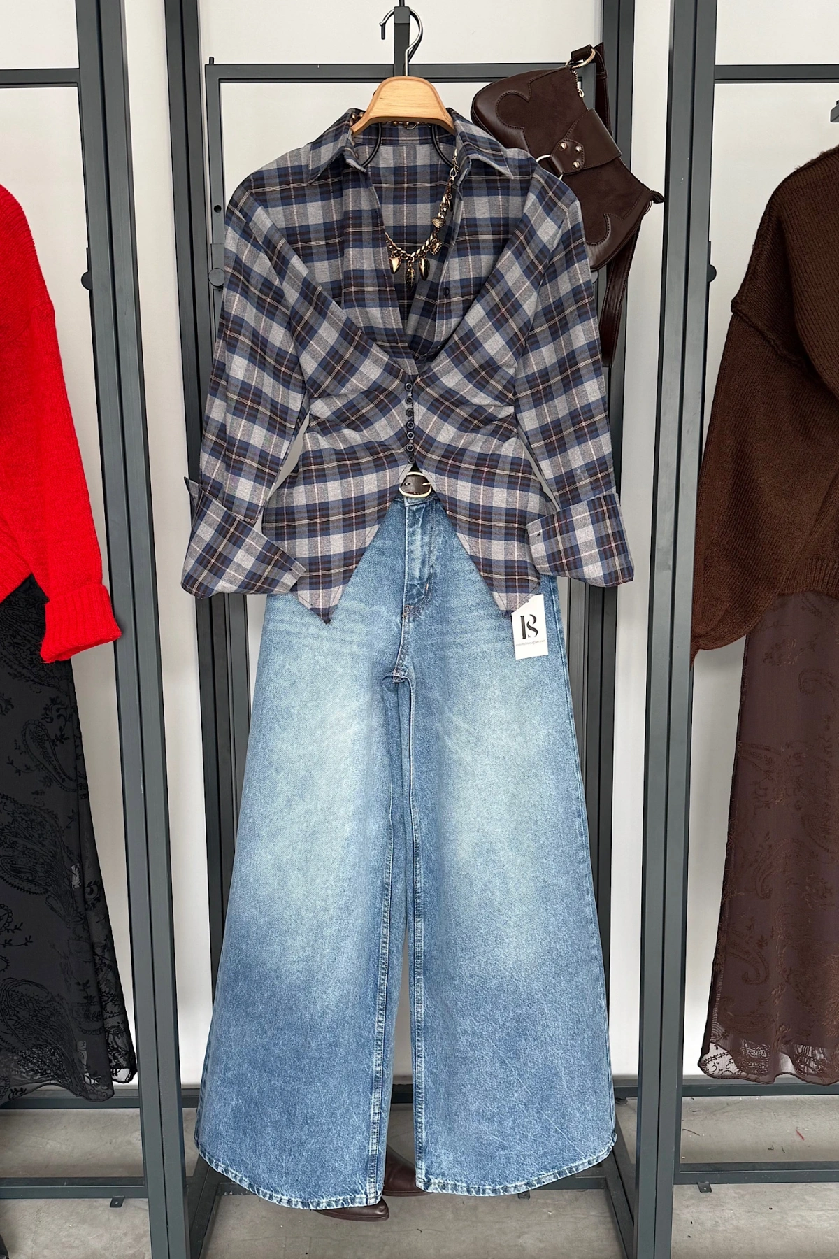 Ekose Desen Düğme Detaylı Gömlek Gri-Lacivert