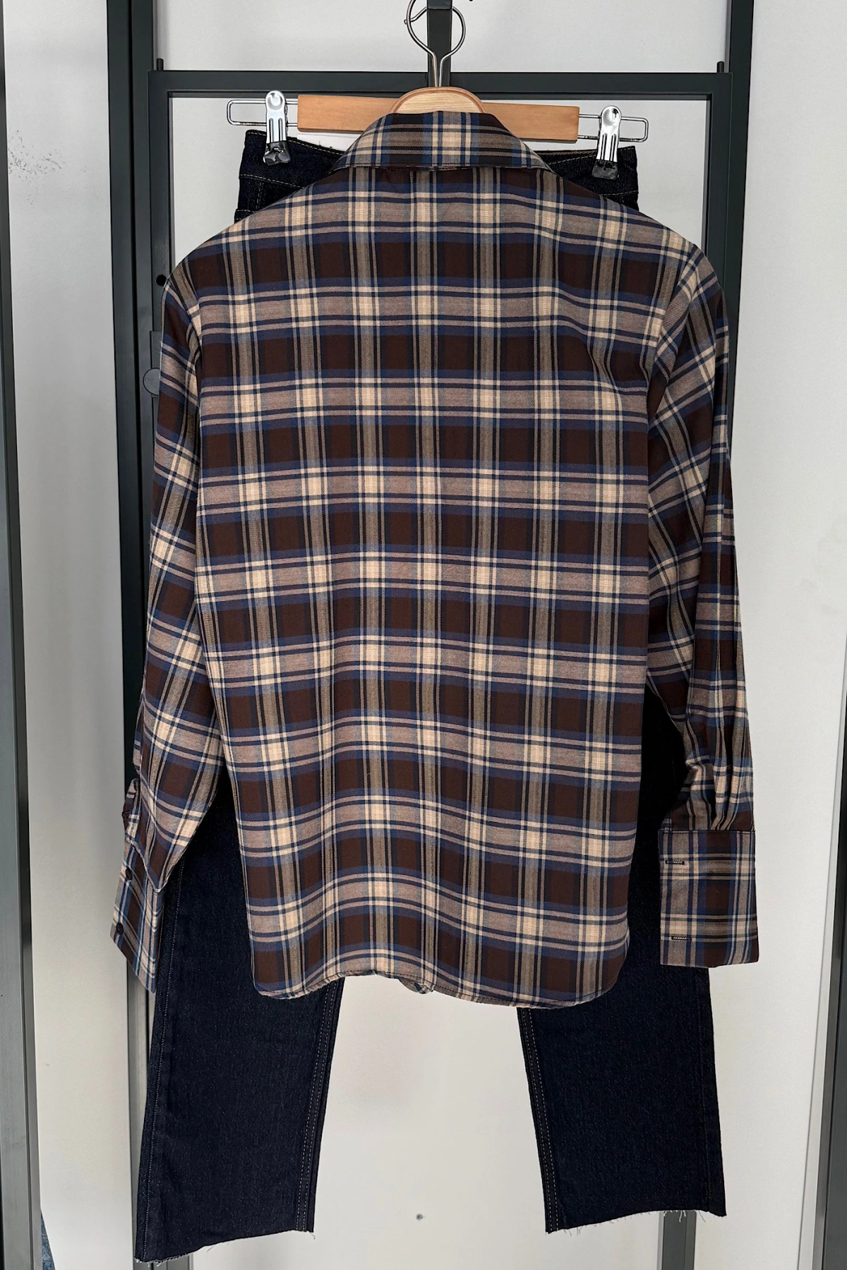 Ekose Desen Düğme Detaylı Gömlek Kahve-Bej