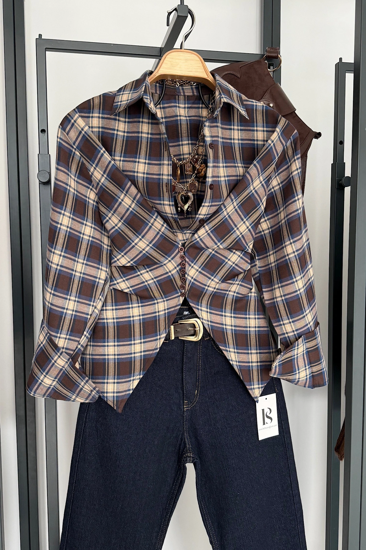 Ekose Desen Düğme Detaylı Gömlek Kahve-Bej