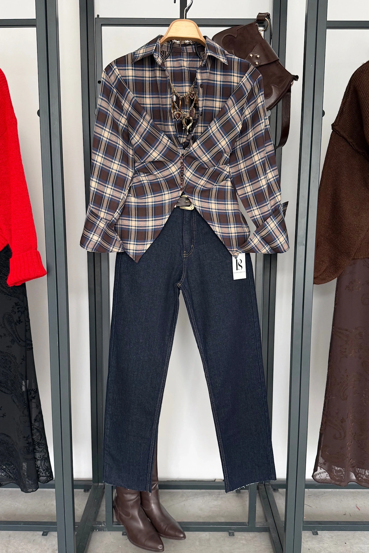 Ekose Desen Düğme Detaylı Gömlek Kahve-Bej