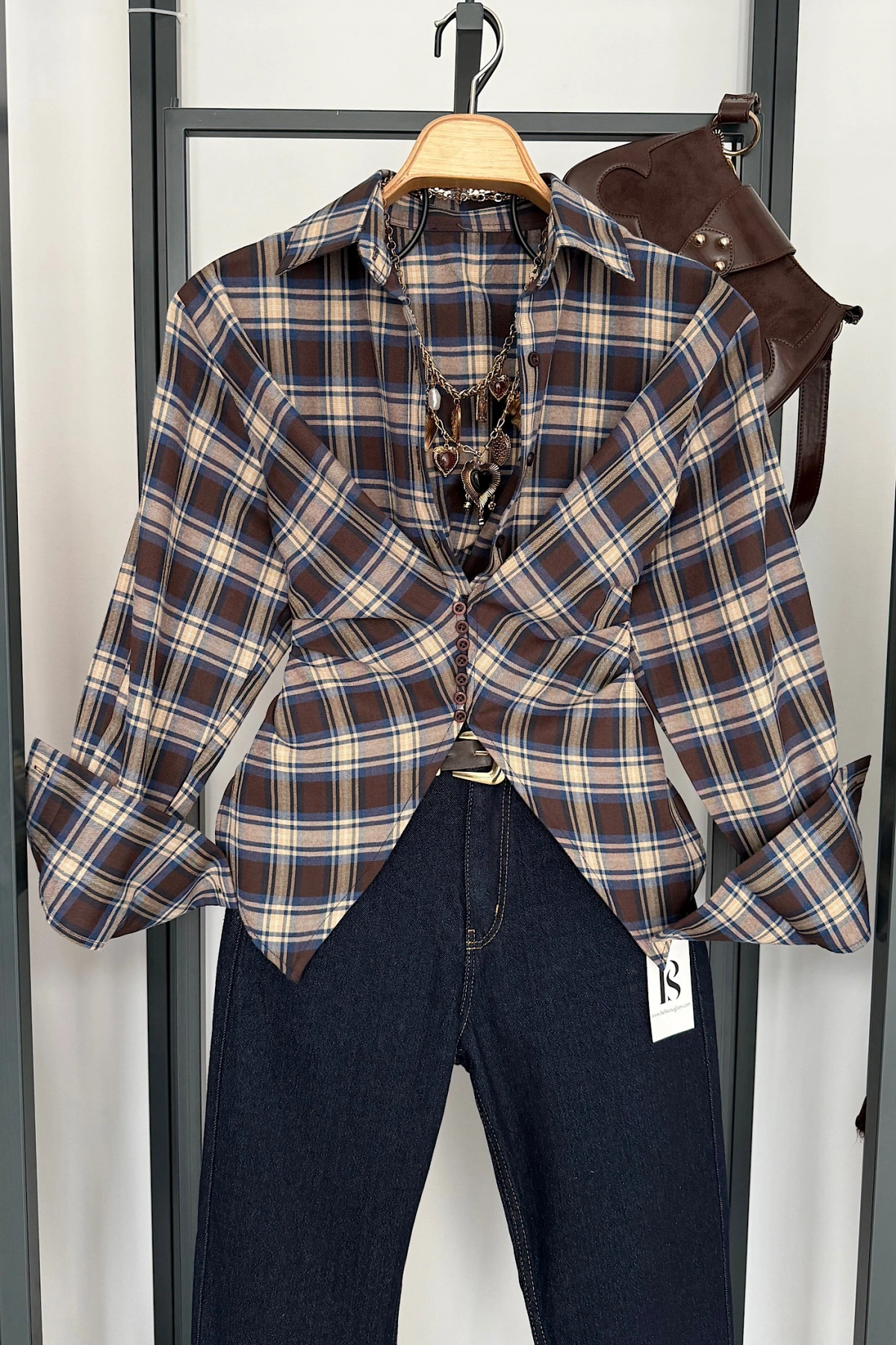 Ekose Desen Düğme Detaylı Gömlek Kahve-Bej