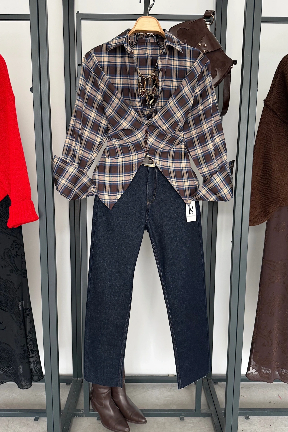 Ekose Desen Düğme Detaylı Gömlek Kahve-Bej