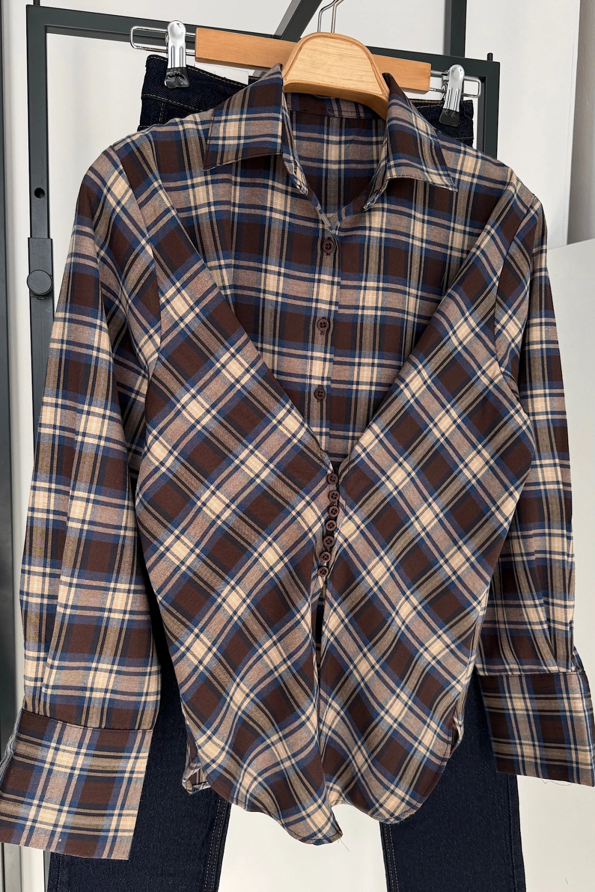 Ekose Desen Düğme Detaylı Gömlek Kahve-Bej