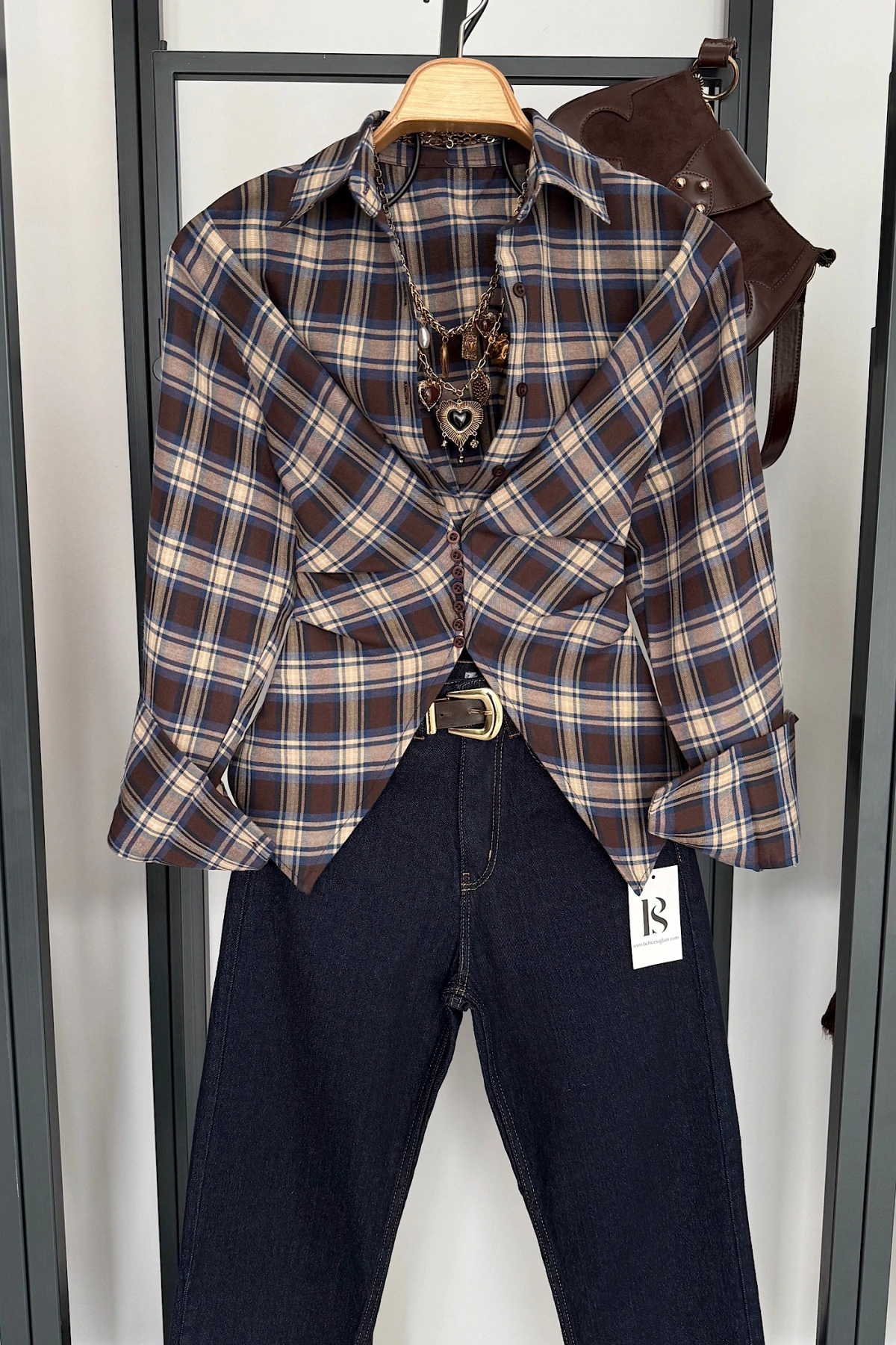 Ekose Desen Düğme Detaylı Gömlek Kahve-Bej